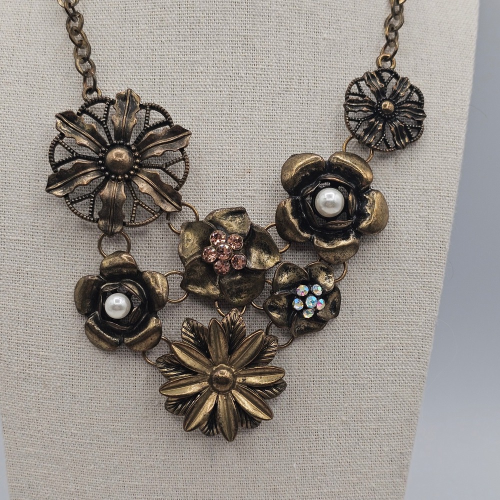 Rhinestone Floral Bib Necklace Bronze Tone Faux Pearl Statement Antiqued 21"